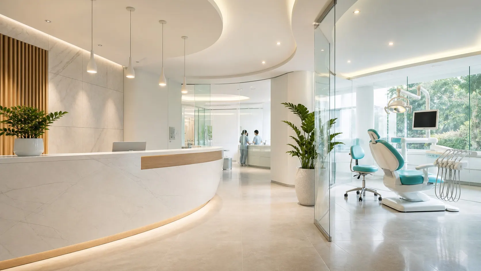 Clínica dental moderna con gabinete luminoso y equipamiento actual