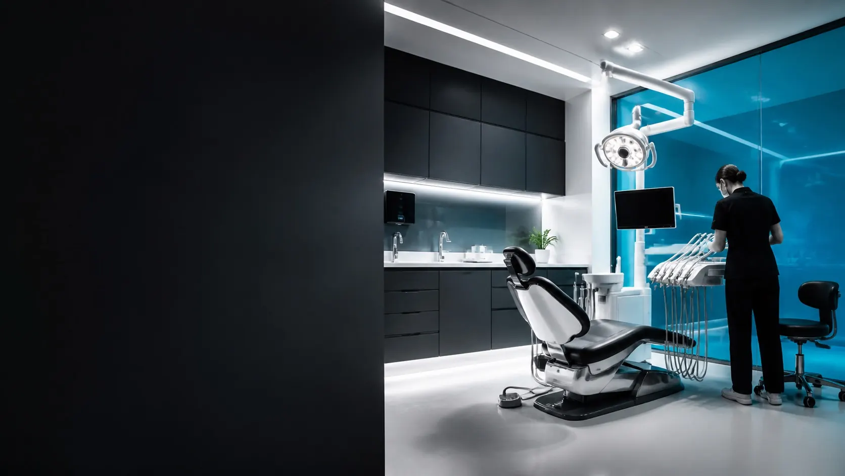 Gabinete dental DENT UNO en negro, blanco y cian