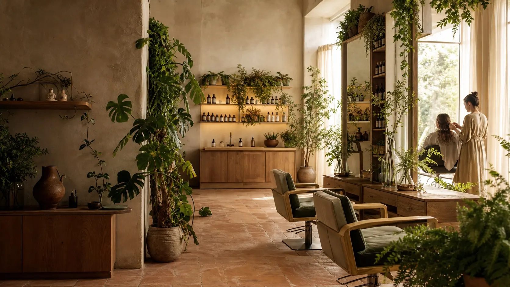 Peluquería botánica con plantas, madera y luz mediterránea